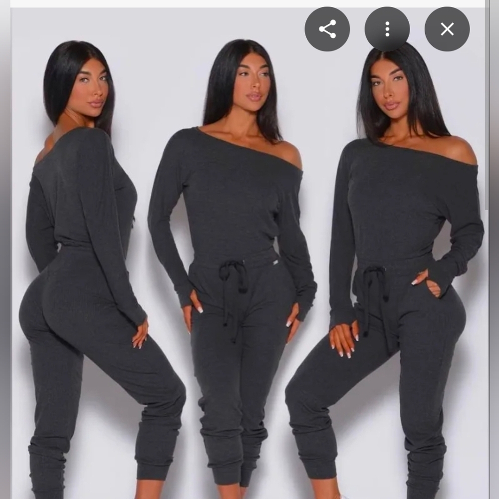Bombshell Off-Shoulder Jumpsuit in Charcoal Gray